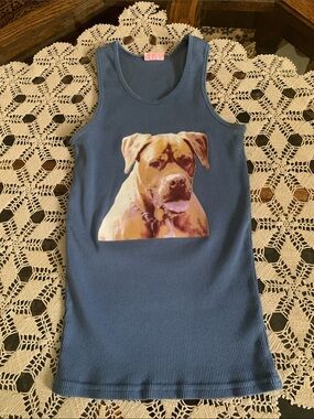 Vintage 90s Blue Dog Print Ribbed Tank Top - SPARKLE